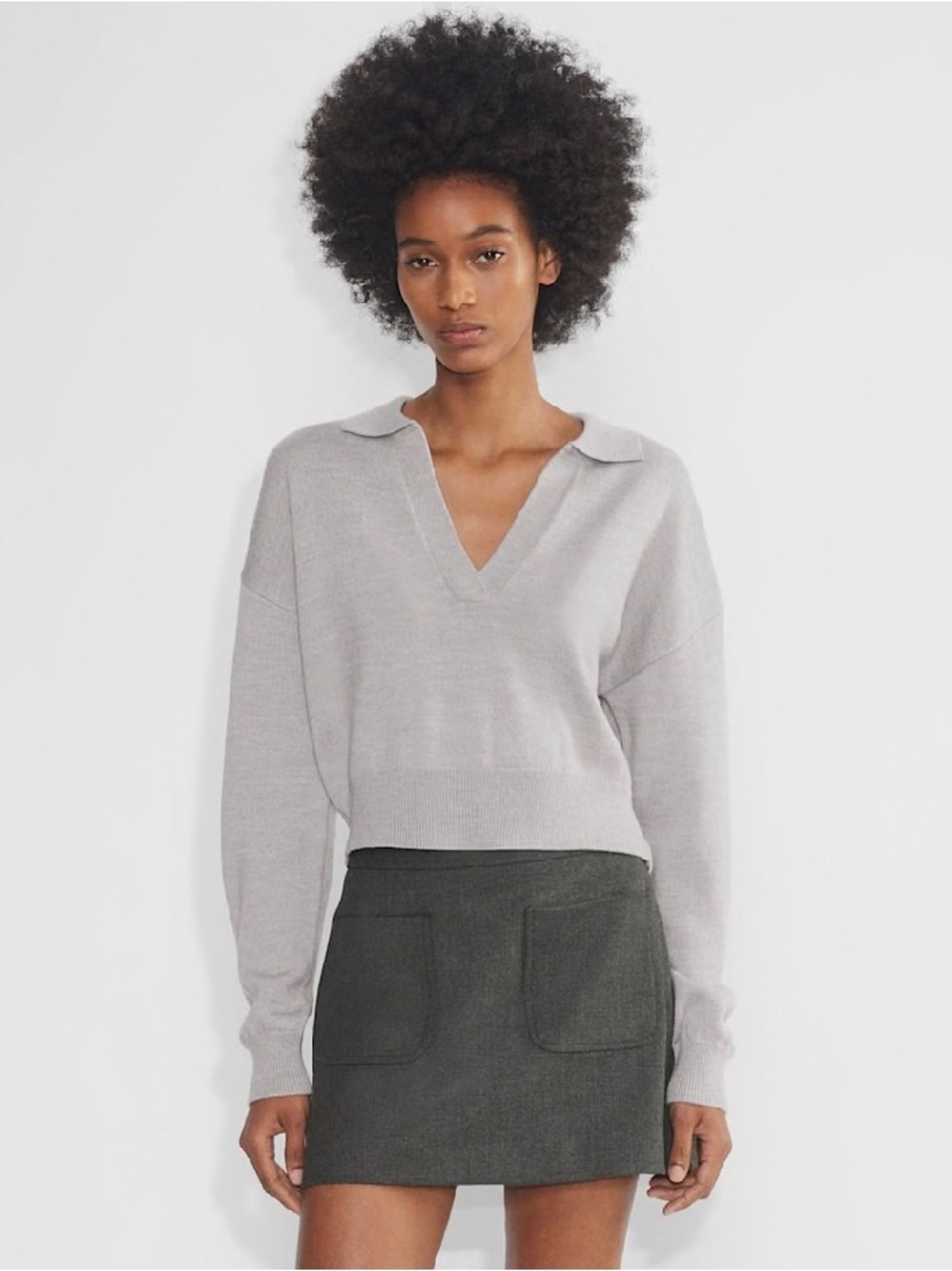 Aritzia Wilfred Size Large Merino Wool Grey V-Neck Collared Sweater in EUC
